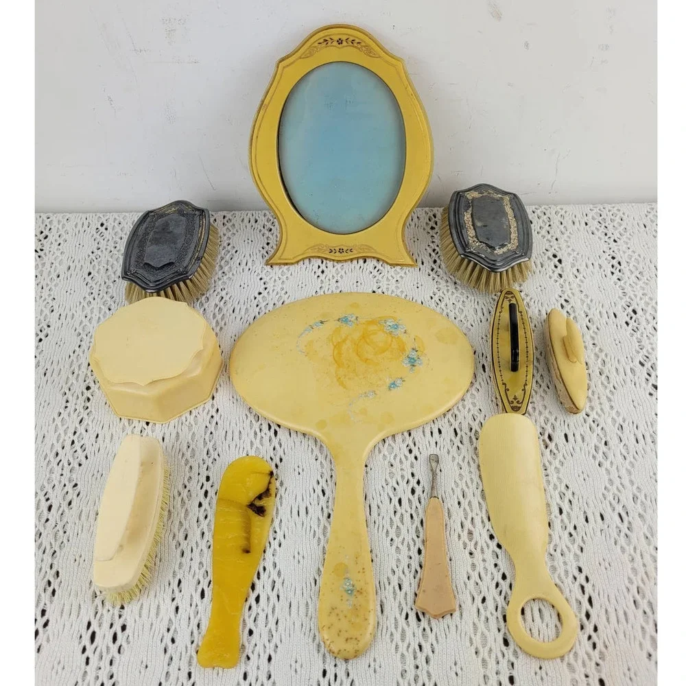Vintage Celluloid or Pyralin Brush Frame Mirror Shoe Horn Nail Vanity Set of 11